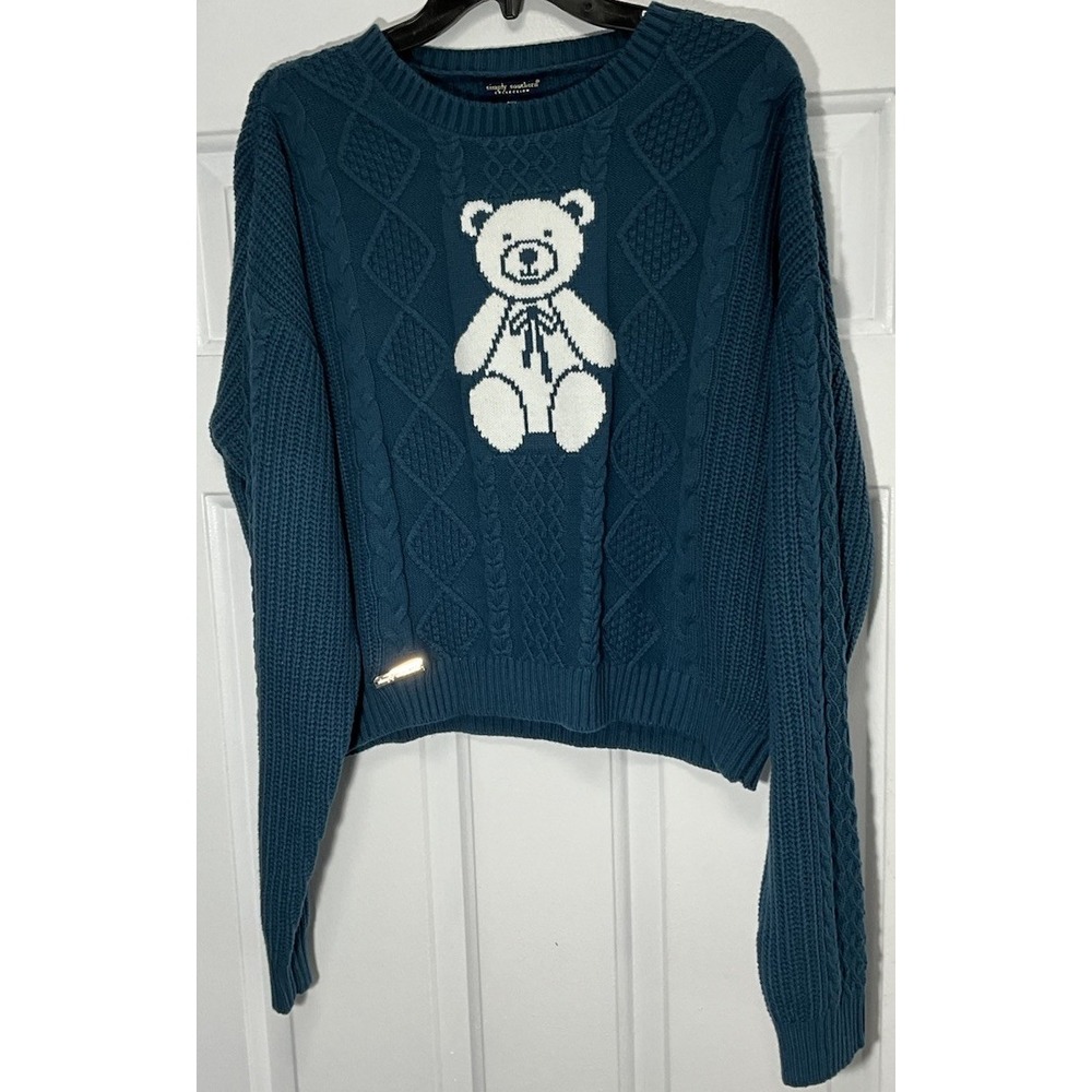 Simply Southern Teal/Green Chunky Knit Teddy BearBlue Sweater Women's XXL